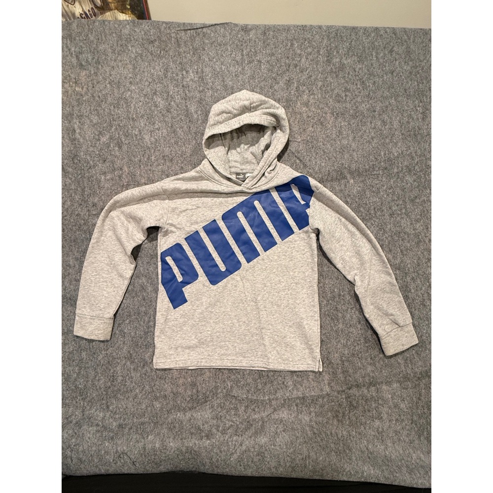 Puma Kids Gray Blue Big Logo Pullover Hoodie Sweatshirt Size M 10-12